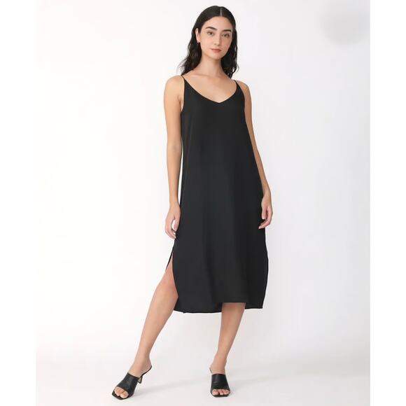 EUC Grana Silk Signature V Slip Dress Size Large Black 100% Silk Midi Slip Bias - Picture 1 of 11